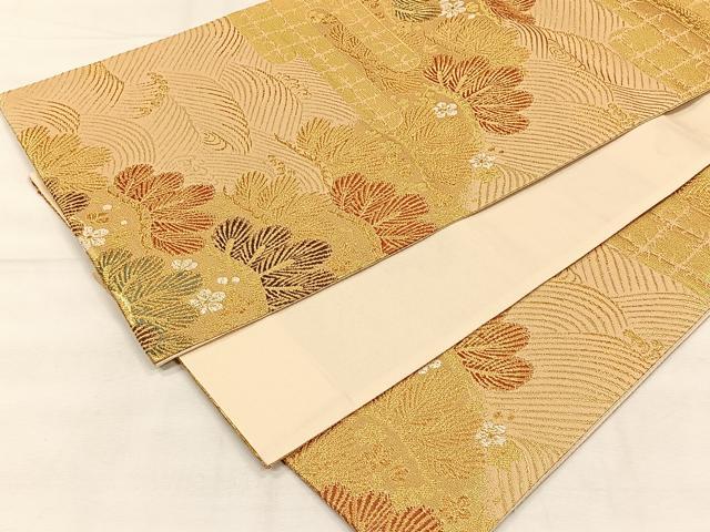 平和屋着物◎六通柄袋帯 流水草花文 金糸 正絹 逸品 CABH7229yk