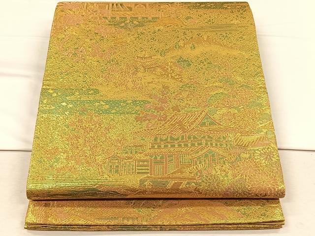 平和屋着物◎六通柄袋帯 風景草花文 金糸 正絹 逸品 未使用 CABH7249yk