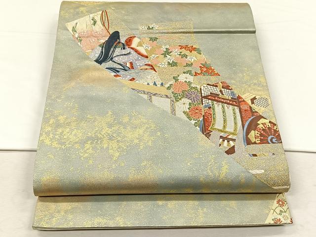 平和屋着物◎六通柄袋帯 短冊人物草花文 彩瀞箔 正絹 逸品 CABH7256yk