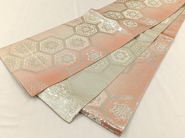 平和屋着物◎両面 全通柄袋帯 亀甲花文 銀糸 正絹 逸品 CABH7264yk