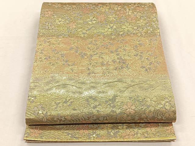 平和屋着物◎六通柄袋帯 流水花文 金糸 正絹 逸品 CABH7271yk