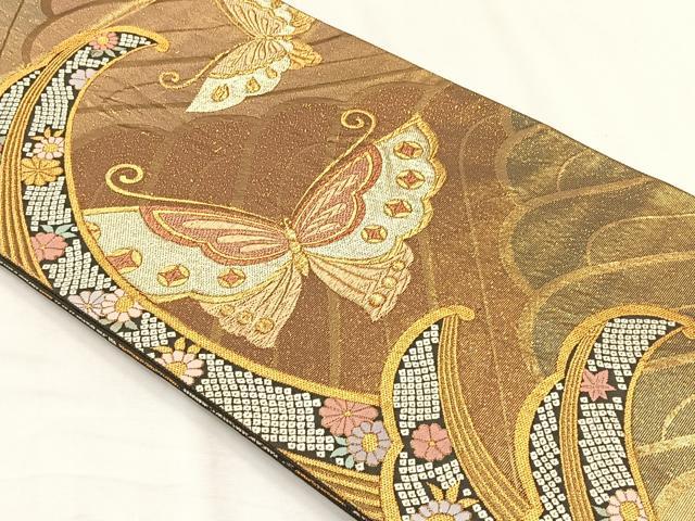 平和屋着物◎全通柄袋帯 花蝶文 金糸 正絹 逸品 CABH7318yk