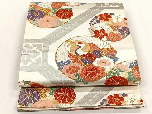 平和屋着物◎六通柄袋帯 唐織 飛鶴花丸文 金銀糸 正絹 逸品 CABH7352yk