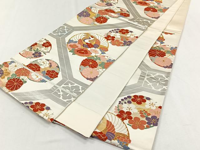 平和屋着物◎六通柄袋帯 唐織 飛鶴花丸文 金銀糸 正絹 逸品 CABH7352yk