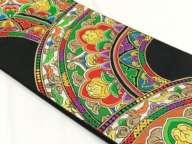 平和屋着物◎六通柄袋帯 更紗花文 黒地 金糸 正絹 逸品 CABH7371yk