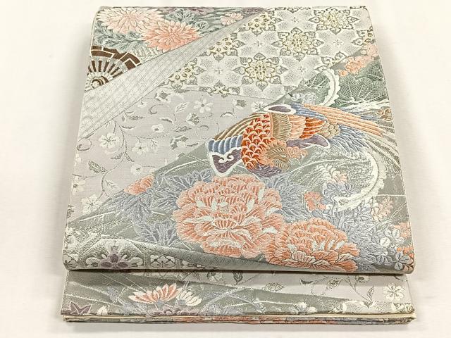 平和屋着物◎六通柄袋帯 切嵌鳳凰花文 銀糸 正絹 逸品 CABH7390yk