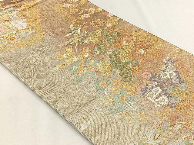 平和屋着物◎六通柄袋帯 唐織 聚花春秋 翔鶴色紙文 金糸 正絹 逸品 CABH7395yk