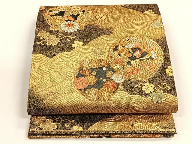 平和屋着物◎六通柄袋帯 流水鳳凰花丸文 黒地 金糸 正絹 逸品 未使用 CABH7400yk