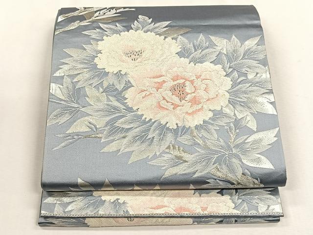 平和屋着物◎六通柄袋帯 牡丹 銀糸 正絹 逸品 CABH7405yk
