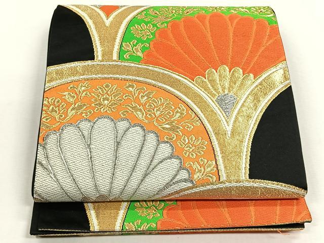平和屋着物◎六通柄袋帯 菊青海波 黒地 金銀糸 正絹 逸品 CABH7406yk