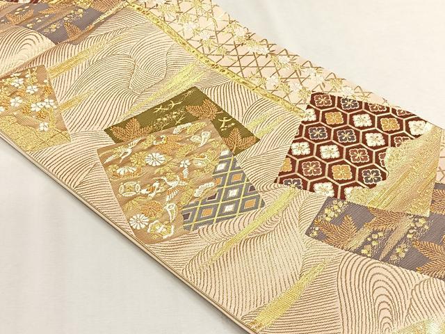 平和屋着物◎六通柄袋帯 色紙重ね飛鶴宝尽し花文 金糸 正絹 逸品 CABH7411yk