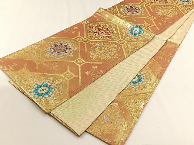 平和屋着物◎六通柄袋帯 蜀江向かい鳥花唐草文 金銀糸 正絹 逸品 CABH7414yk