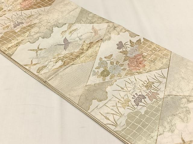 平和屋着物◎六通柄袋帯 切嵌飛鶴草花文 金糸 正絹 逸品 CABH7441yk
