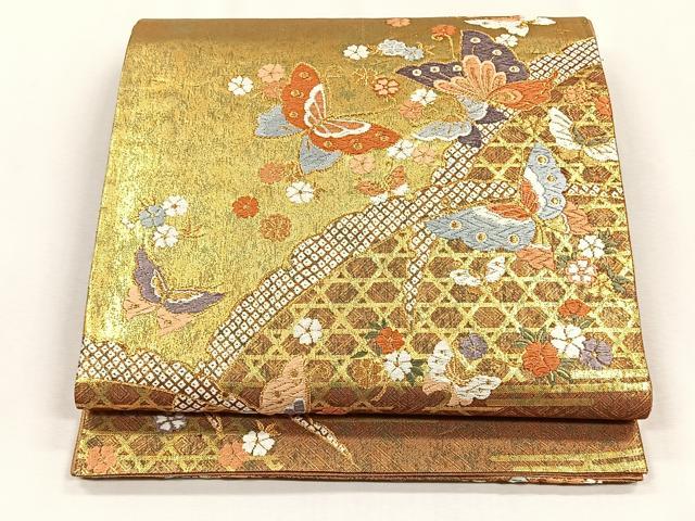 平和屋着物◎佐賀錦 六通柄袋帯 唐織 花蝶文 金糸 正絹 逸品 CABH7466yk