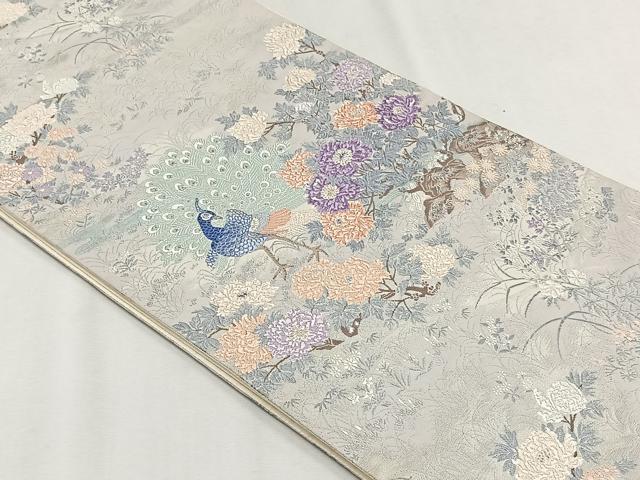 平和屋着物◎六通柄袋帯 唐織 孔雀草花文 銀糸 正絹 逸品 CABH7473yk