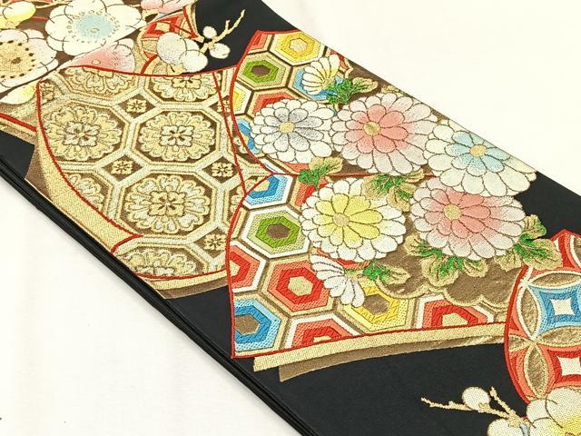 平和屋着物◎六通柄袋帯 冊子吉祥花文 黒地 金銀糸 正絹 逸品 CABH7510yk