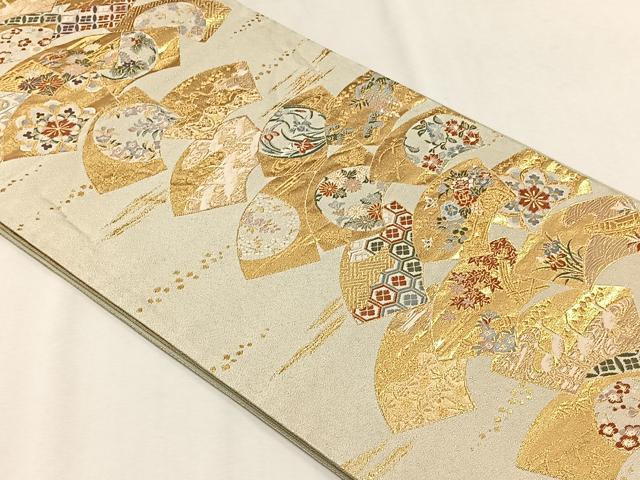 平和屋着物◎六通柄袋帯 綴れ 扇面取草花文 金糸 正絹 逸品 CABH7515yk