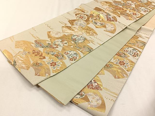 平和屋着物◎六通柄袋帯 綴れ 扇面取草花文 金糸 正絹 逸品 CABH7515yk