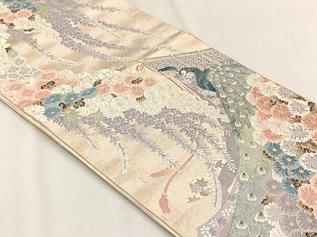 平和屋着物◎六通柄袋帯 唐織 九百錦 菊寿孔雀文 金糸 正絹 逸品 CABH7516yk