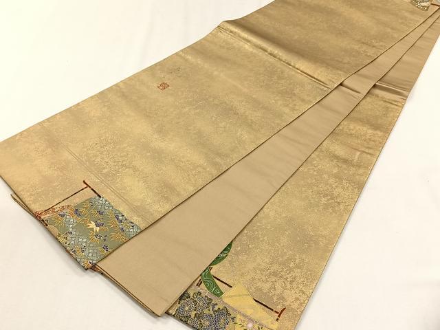 平和屋着物◎太鼓柄袋帯 作家物 螺鈿 誰が袖御所車花文 金彩 正絹 逸品 CABH7526yk