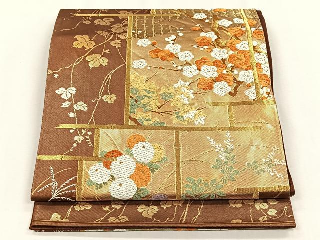 平和屋着物◎六通柄袋帯 草花文 金糸 正絹 逸品 CABH7539yk