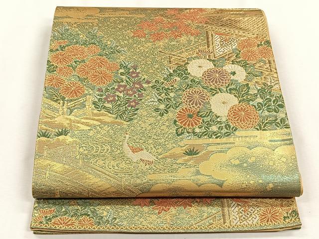 平和屋着物◎六通柄袋帯 風景草花文 金糸 正絹 逸品 CABH7560yk
