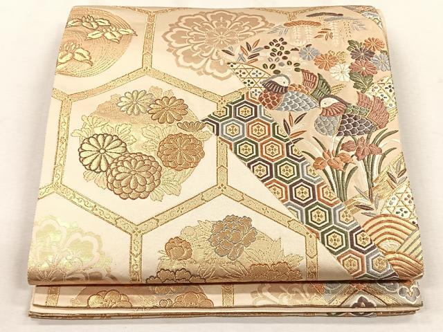 平和屋着物◎六通柄袋帯 唐織 鴛鴦花丸文 金糸 正絹 逸品 CABH7566yk