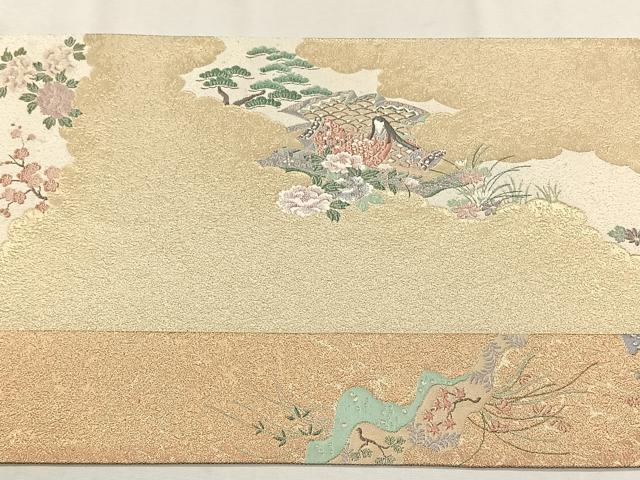 平和屋着物◎六通柄袋帯 寿光織 流水花文 金糸 正絹 逸品 CABH7572yk