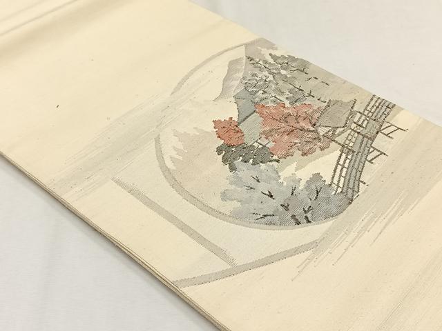 平和屋着物◎太鼓柄袋帯 紬地 すくい織 風景草木文 正絹 逸品 CABH7574yk