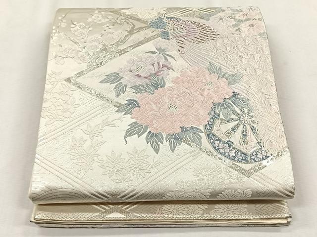 平和屋着物◎六通柄袋帯 唐織 孔雀草花文 銀糸 正絹 逸品 CABH7580yk