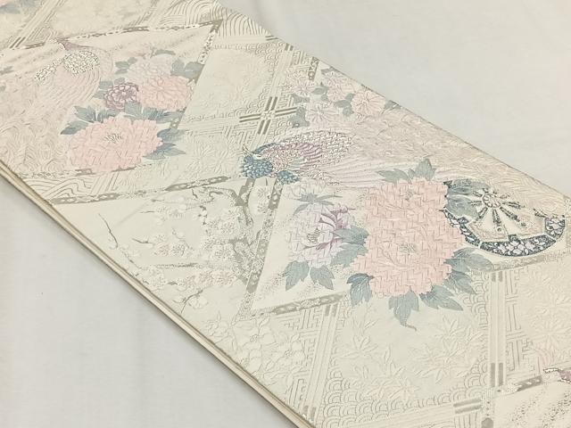 平和屋着物◎六通柄袋帯 唐織 孔雀草花文 銀糸 正絹 逸品 CABH7580yk