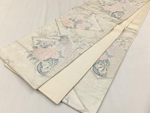平和屋着物◎六通柄袋帯 唐織 孔雀草花文 銀糸 正絹 逸品 CABH7580yk