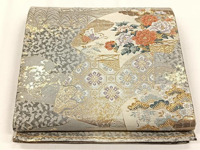 平和屋着物◎六通柄袋帯 唐織 吉祥地紙文 金糸 正絹 逸品 CABH7600yk