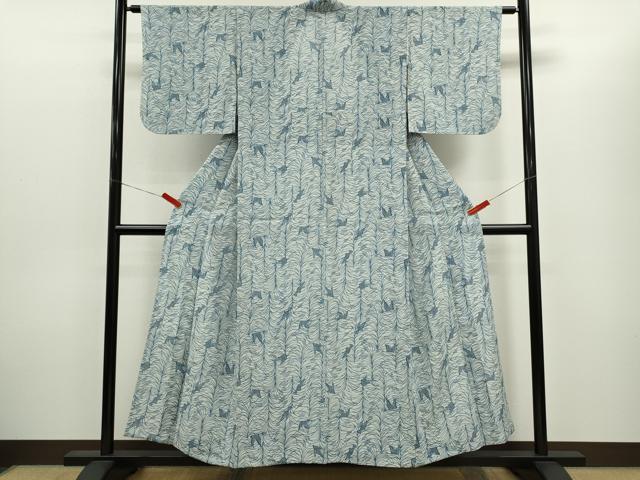 平和屋着物*夏物 小紋 絽 藍 型染め 飛鶴草木文 正絹 逸品 CABH7605ze