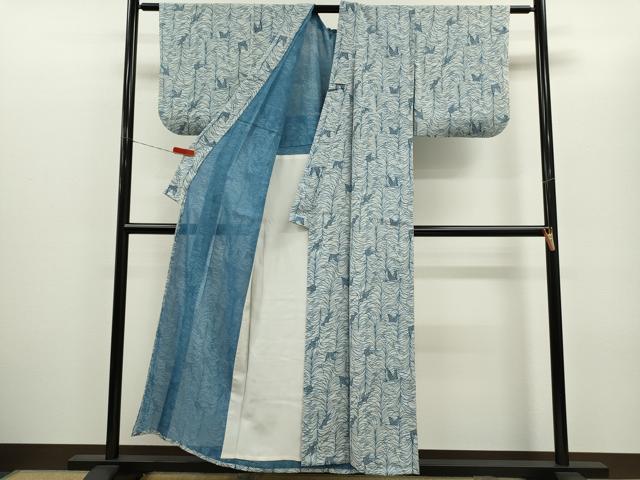 平和屋着物*夏物 小紋 絽 藍 型染め 飛鶴草木文 正絹 逸品 CABH7605ze