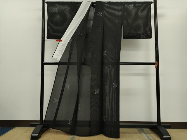 平和屋着物*夏物 小紋 縦絽 舞花文 黒地 正絹 逸品 CABH7612ze