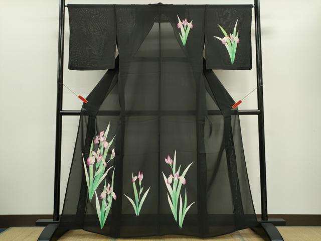 平和屋着物*夏物 訪問着 絽 燕子花 黒地 正絹 逸品 CABH7620ze