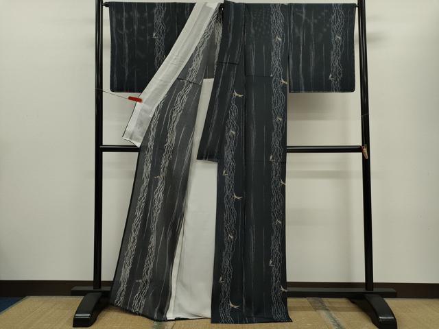 平和屋着物*夏物 小紋 絽 トンボ 変わり縞 黒地 正絹 逸品 未使用 CABH7650ze