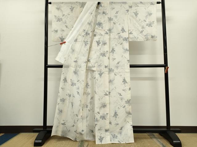 平和屋着物*夏物 小紋 縦絽 枝花文 正絹 逸品 CABH7709ze