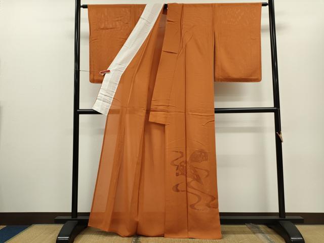 平和屋着物*夏物 色留訪問着 色無地 絽 ドロンワーク 片輪車文 代赭色 正絹 逸品 未使用 CABH7744ze