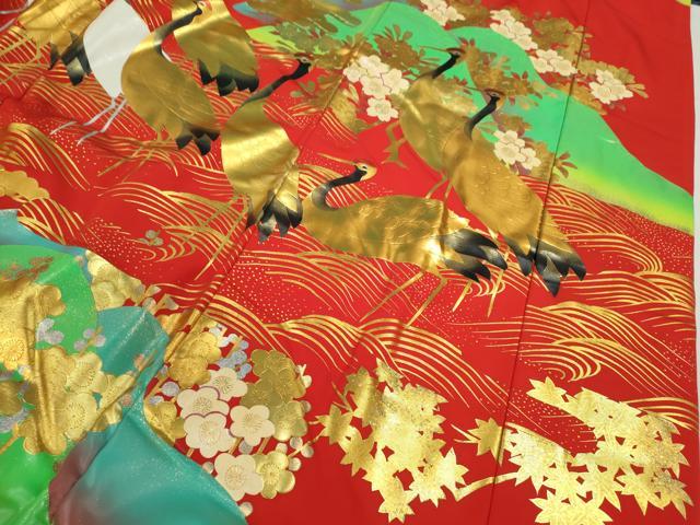 平和屋本店●本手描友禅作家 秋山章 色打掛 和装 婚礼 結婚式 花嫁 神社挙式 お引きずり 群鶴遠山草花文 金銀糸 逸品CABH7766ze