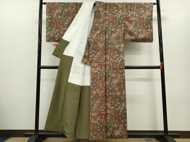 平和屋着物■上質な小紋 紬地 切嵌孔雀更紗花文 正絹 逸品 CABH7773ze