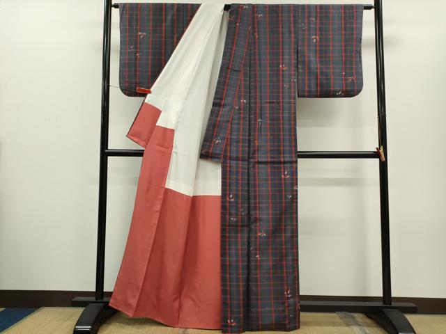 平和屋着物■上質な紬 格子柄 舞葉文 正絹 逸品 CABH7776ze