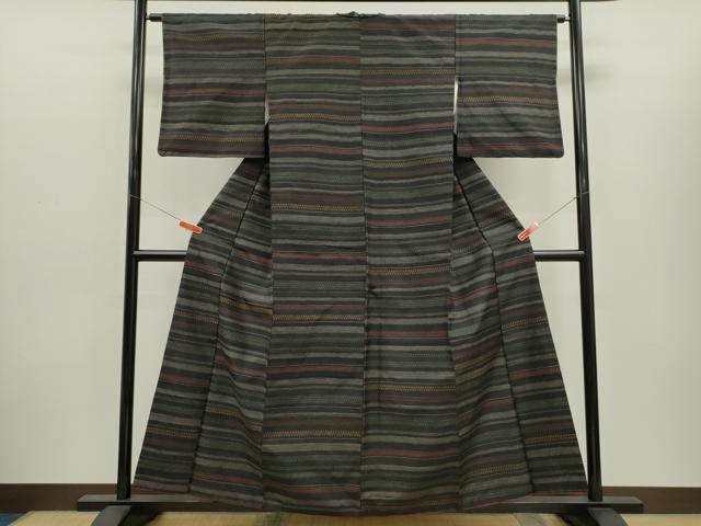 平和屋着物■上質な紬 吉祥横段文 黒地 正絹 逸品 CABH7779ze