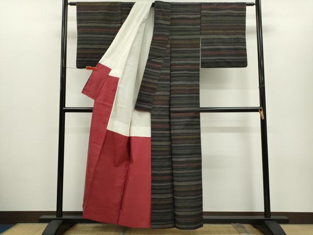 平和屋着物■上質な紬 吉祥横段文 黒地 正絹 逸品 CABH7779ze