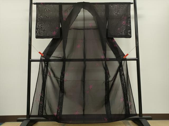 平和屋着物*夏物 小紋 紗 枝葉文 黒地 正絹 逸品 CABH7820ze