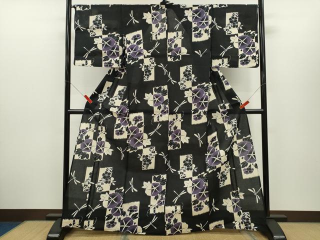 平和屋着物∴夏物 浴衣 トンボ 朝顔 黒地 綿 逸品 CABH7868ze