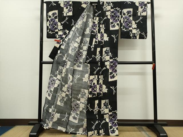 平和屋着物∴夏物 浴衣 トンボ 朝顔 黒地 綿 逸品 CABH7868ze
