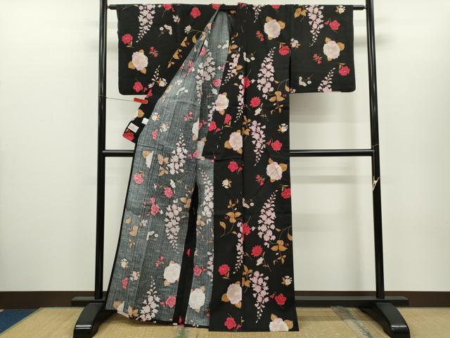 平和屋着物∴松田聖子 SEIKOMATSUDA 夏物 浴衣 草花文 黒地 日本製 綿 逸品 CABH7871ze