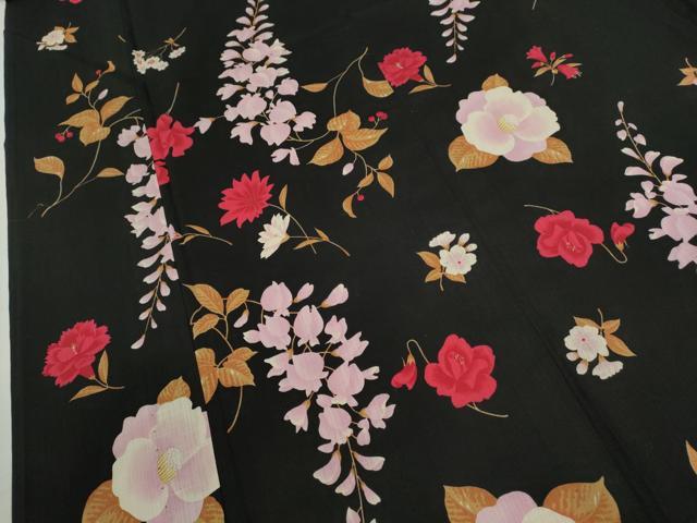 平和屋着物∴松田聖子 SEIKOMATSUDA 夏物 浴衣 草花文 黒地 日本製 綿 逸品 CABH7871ze